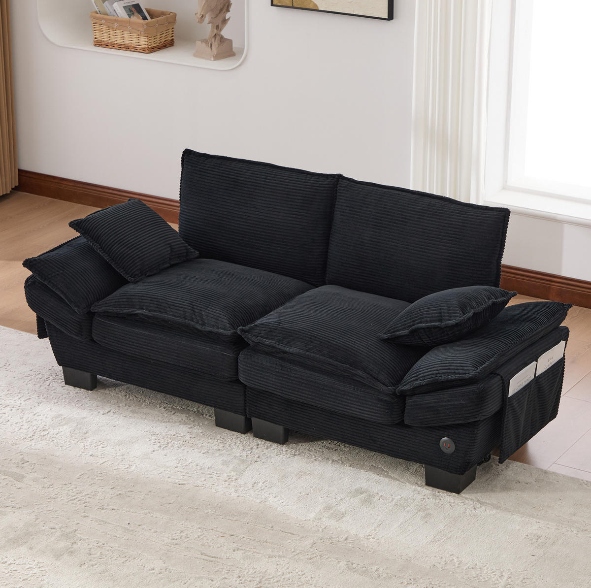 SOFA mit USB-C-Anschluss 2-Sitzer 190 x 73 x 84 cm Corduroy Schwarz - Schwarz, Kunststoff (73/84/190cm) - Meubliv