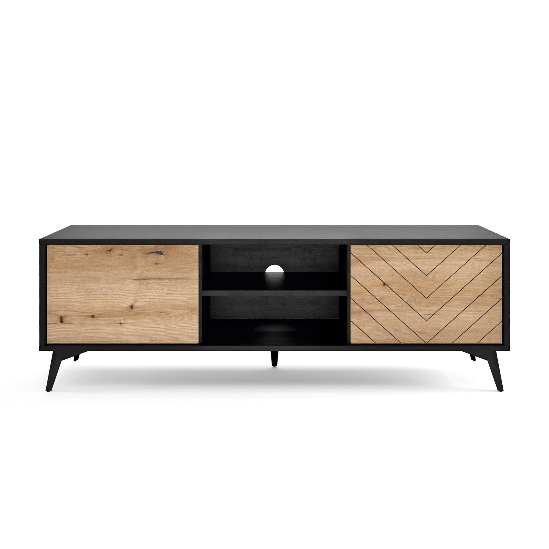 TV-SCHRANK Boulia Schwarz mit Fischgrätfronten in Eiche 154 cm - Eichefarben/Schwarz, Holzwerkstoff/Metall (154/50/39cm) - Selsey