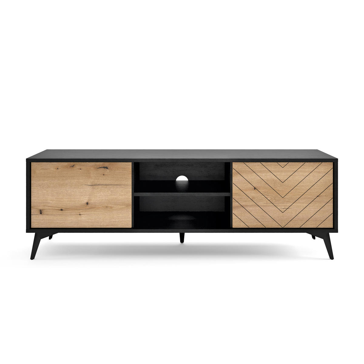 TV-SCHRANK Boulia Schwarz mit Fischgrätfronten in Eiche 154 cm - Eichefarben/Schwarz, Holzwerkstoff/Metall (154/50/39cm) - Selsey