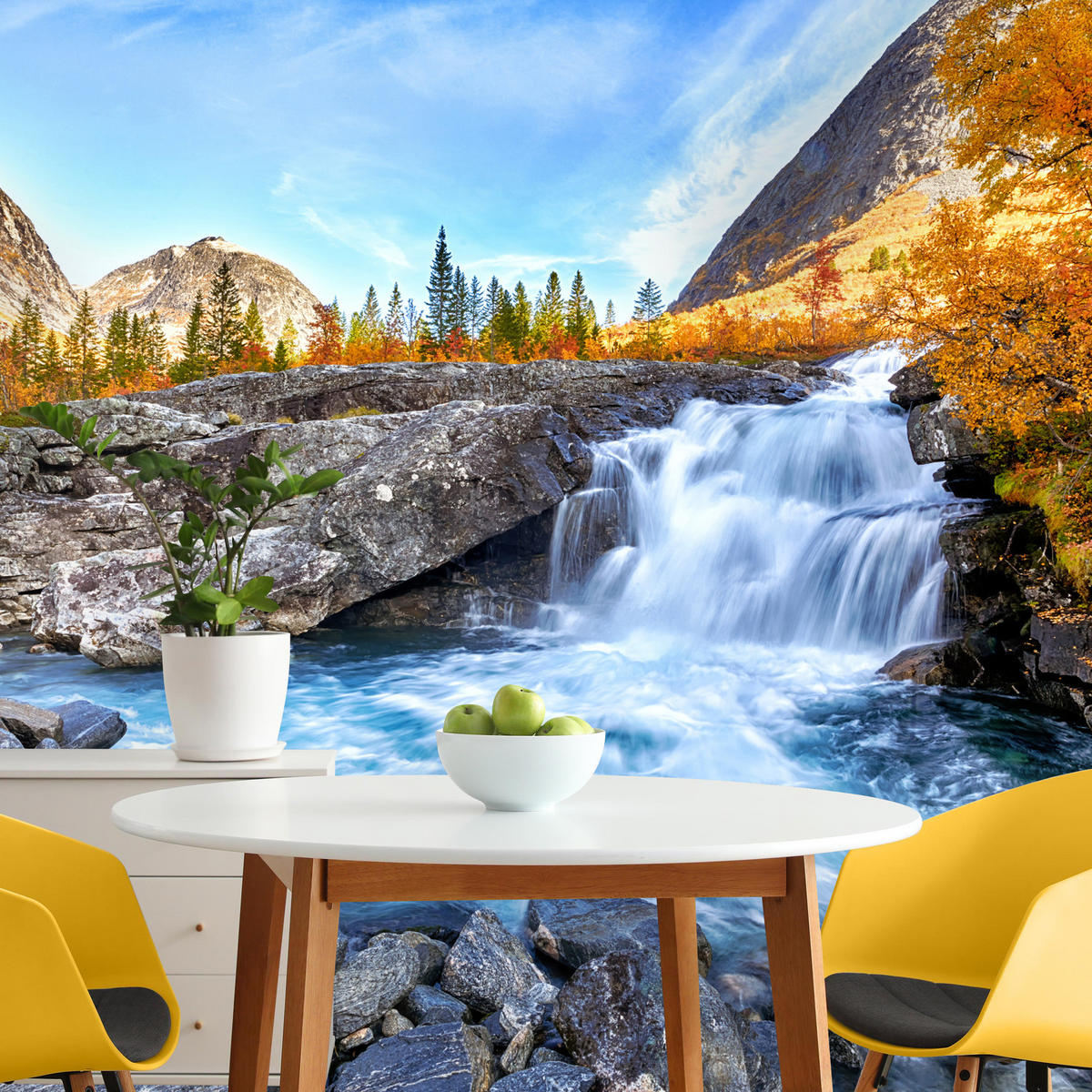 FOTOTAPETE Wasserfall Berge Wald Felsen 3D 300x210 - Blau/Gelb, Papier (300/210cm) - Muralo