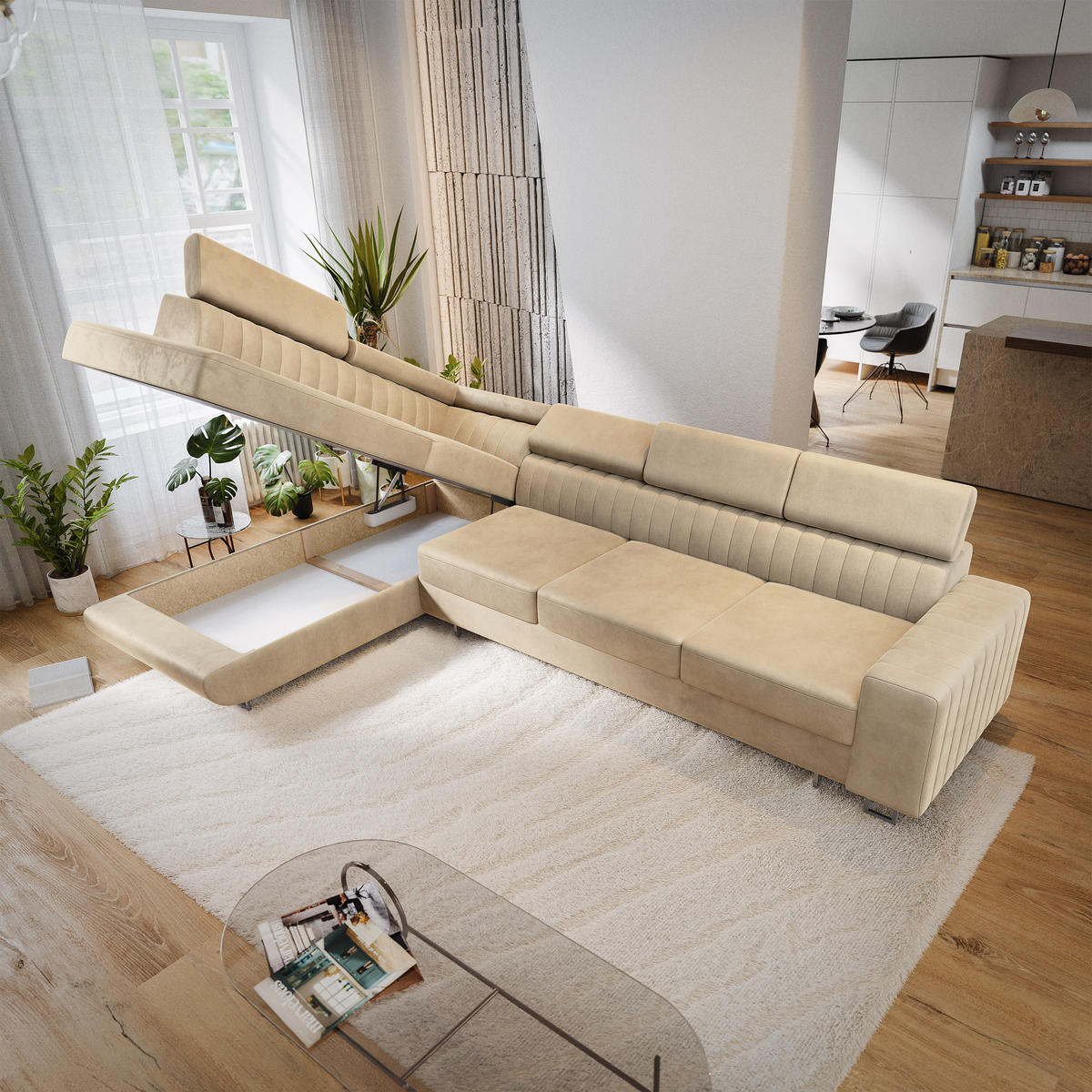 ECKSOFA HESTION Creme Velours-Stoff mit Schlaffunktion - Creme, Holz (332/190cm) - MASSENO