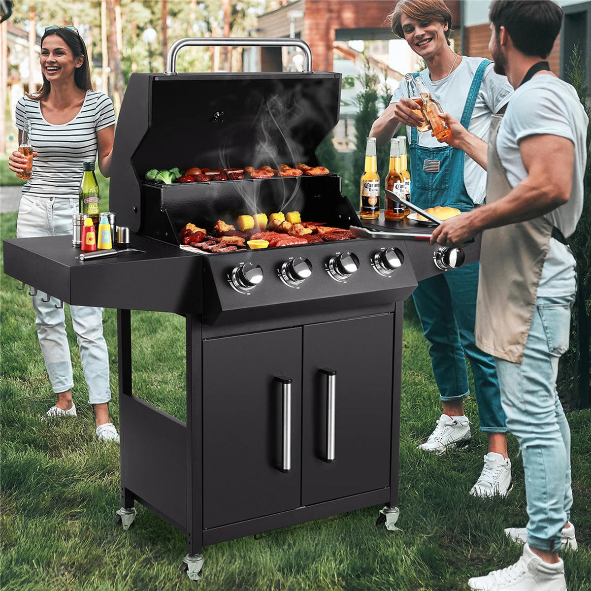 GASGRILL 4+1 Brenner mit Seitenbrenner 52000BTU, Schwarz - Schwarz, Metall (70/136/44cm) - Kaket