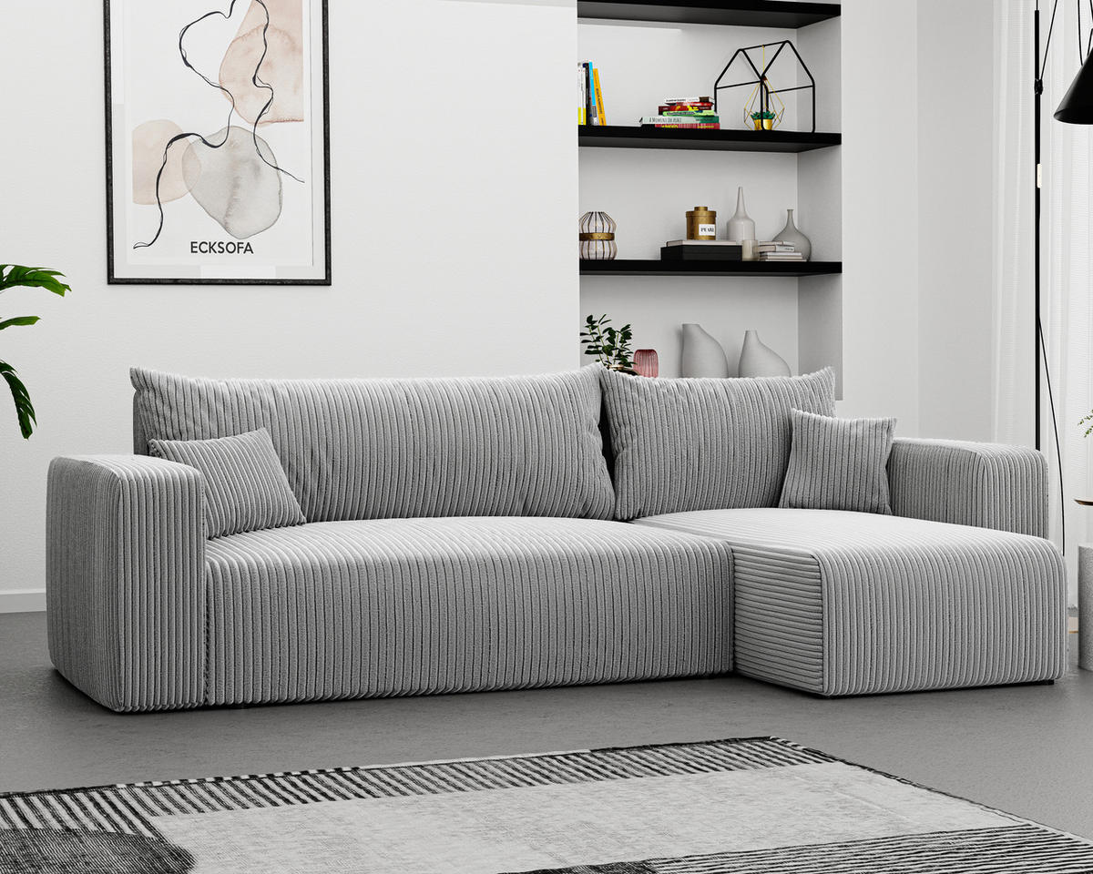ECKSOFA Grau Cord-Stoff mit Bettkasten - Hellgrau, Textil (248/145cm) - Idohome