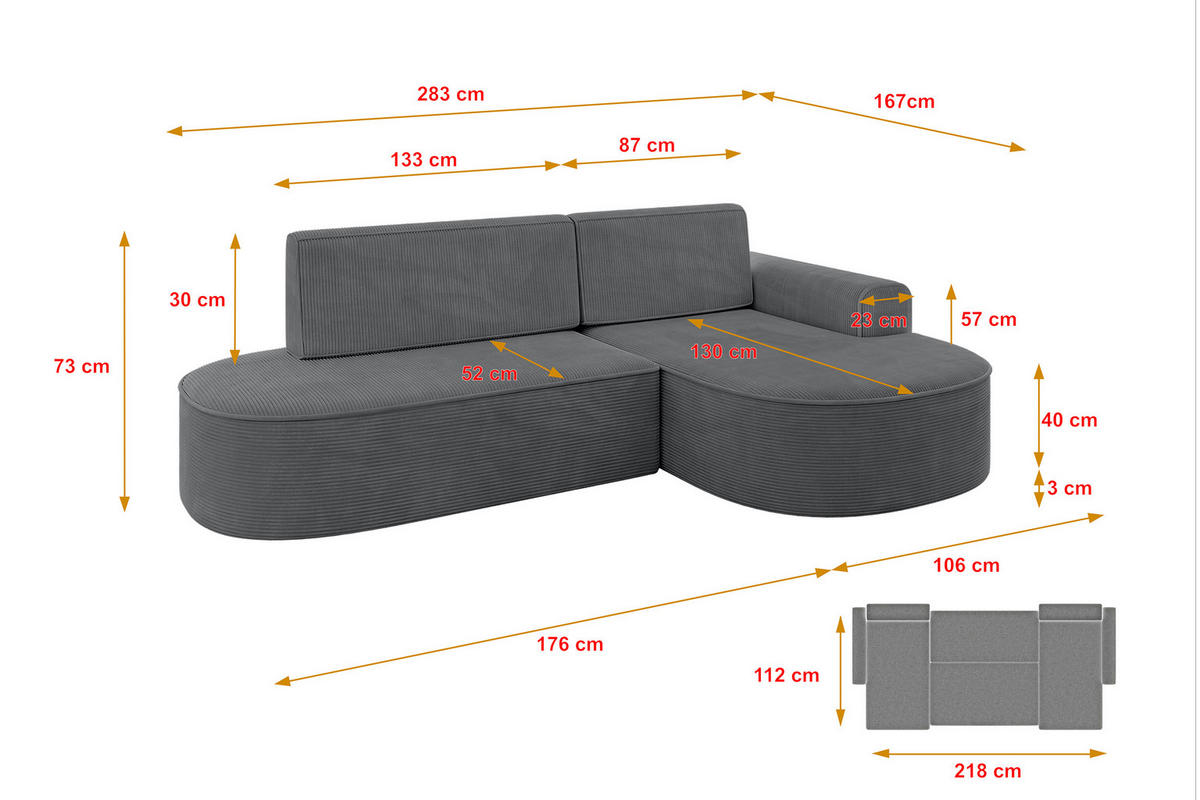 ECKSOFA mit Schlaffunktion und Bettkasten Ottomane Rechts MARI-L1-S - 283x167x73 cm Dunkelgrau Cord - Alufarben/Schwarz, Holzwerkstoff/Kunststoff (167/283cm) - ALTDECOR