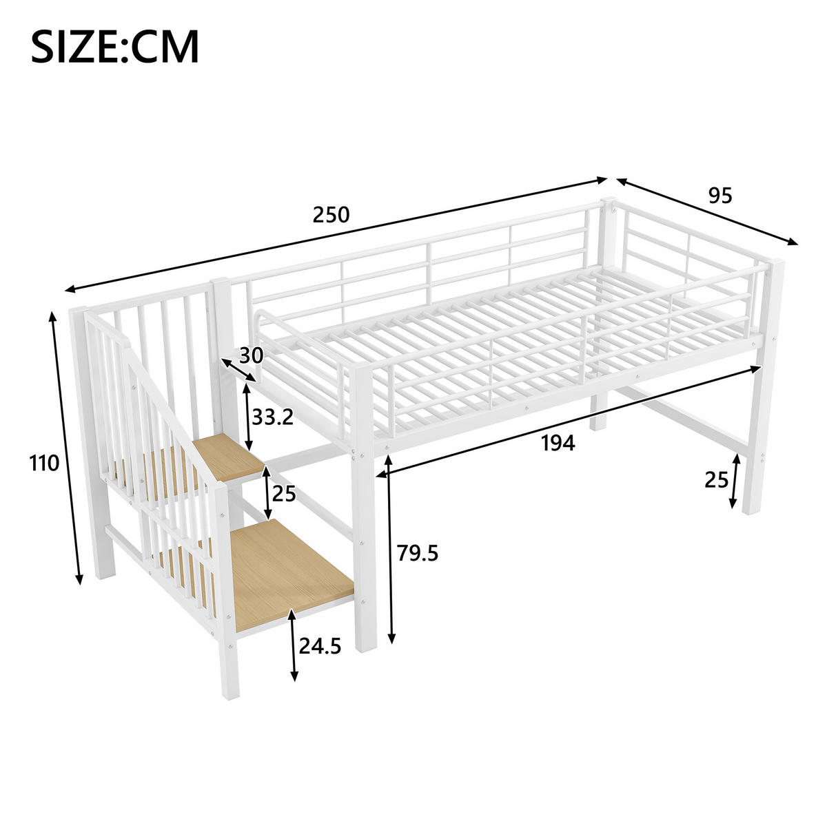 HALBHOHES HOCHBETT 90/200 cm, Weiß mit Stauraumtreppe und Lattenrost - Weiß, Metall (90/200cm) - MIVRAY