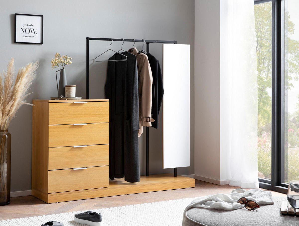 GARDEROBE Eiche-Dekor 145x138x40,5cm mit Kommode und Spiegel - Eichefarben/Braun, Glas (145/138/41cm) - KADIMA DESIGN