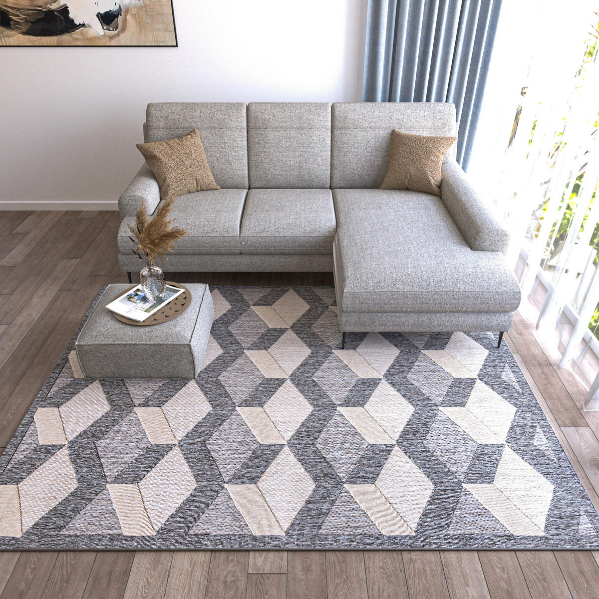 TEPPICH Beige In-Outdoor Geometrisch - Kurzflor Rechteckig - Grau - 80 x 150 cm - Beige/Grau, Textil (80/150cm) - Mazovia