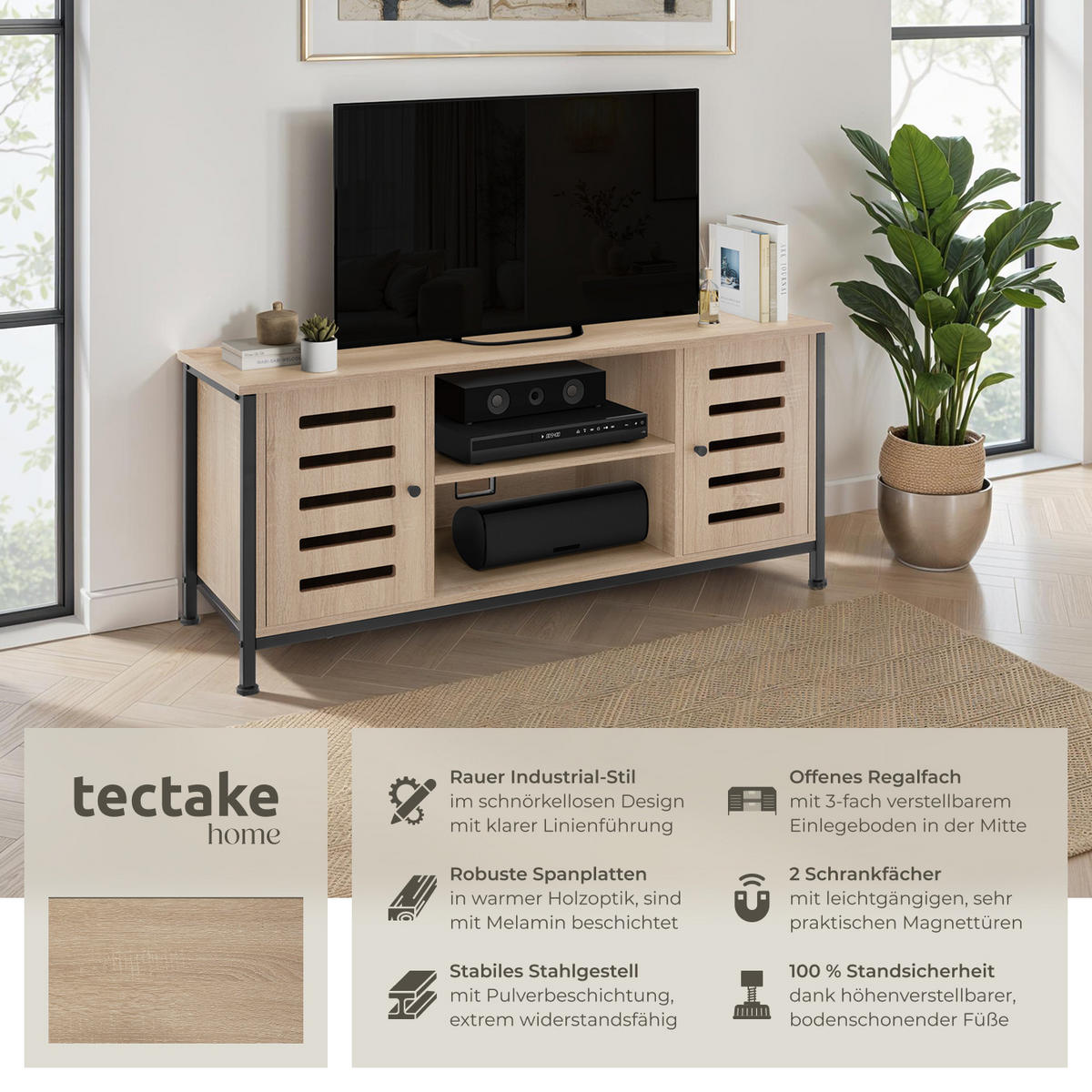 TV-BOARD Carlow,110 x 41,5 x 50,5 cm,Industrial Holz hell, Eiche Sonoma - Naturfarben, Holzwerkstoff (41.5/50.5/110cm) - tectake