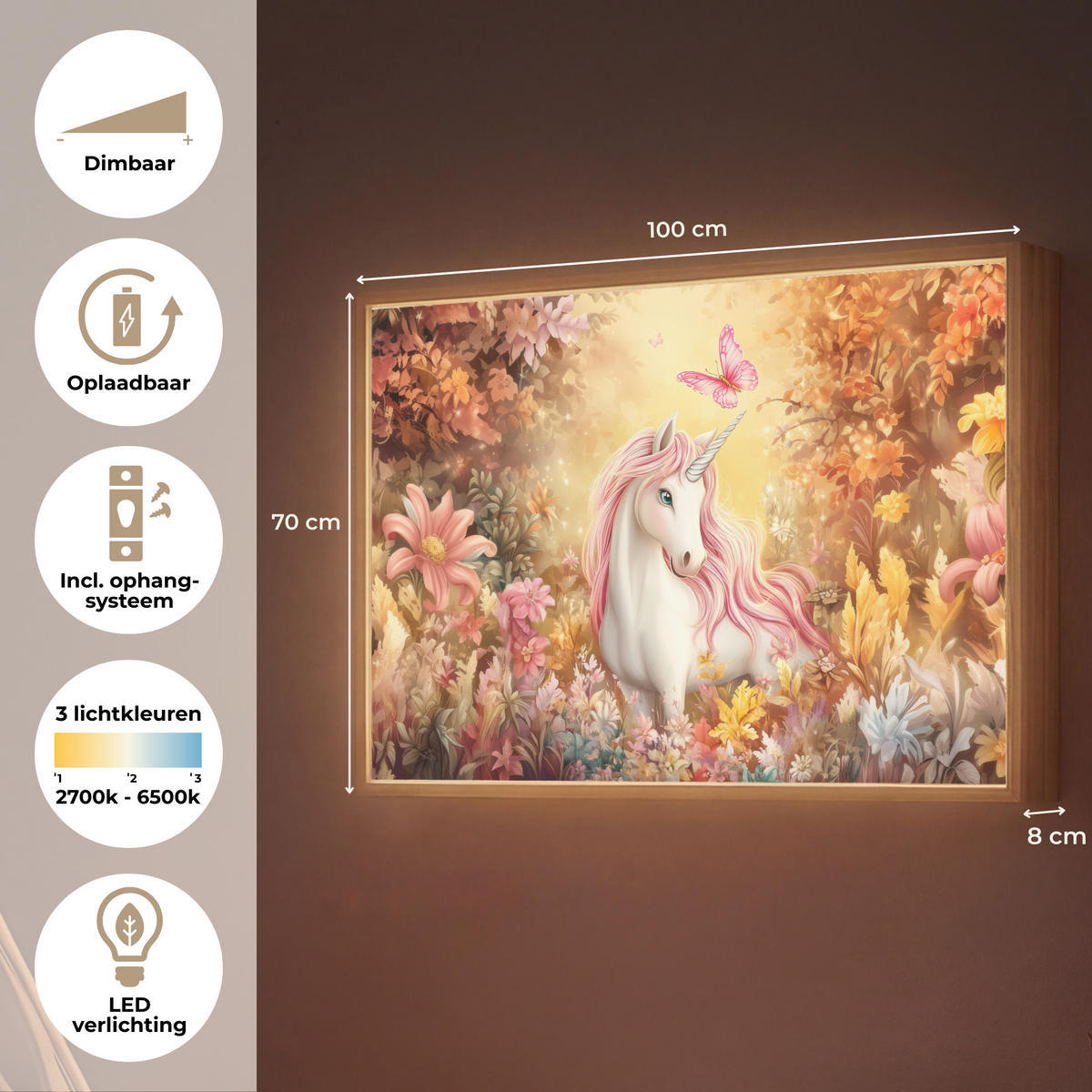 NÁSTĚNNÁ LAMPA S AKUMULÁTOREM Jednorožec - Květiny - Motýl - Růžová 100x70 cm - béžová, kompozitní dřevo (100/70/8cm) - OnlyWow
