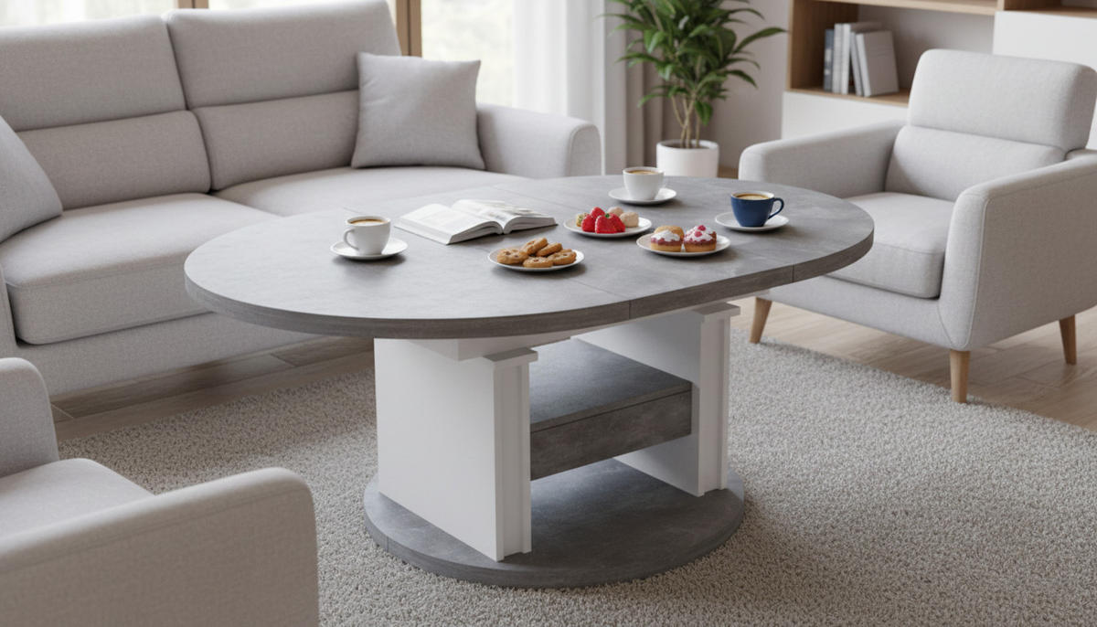 COUCHTISCH rund ausziehbar höhenverstellbar Schubalde 100/100/60 cm - Hellgrau/Weiß, Holzwerkstoff (100/100/60cm) - designimpex