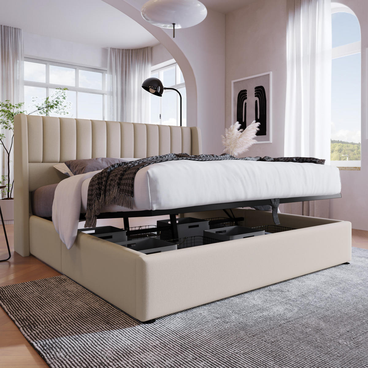 POLSTERBETT 160x200 cm, Beige, Hydraulisches Doppelbett - Beige, Textil/Metall (160/200cm)