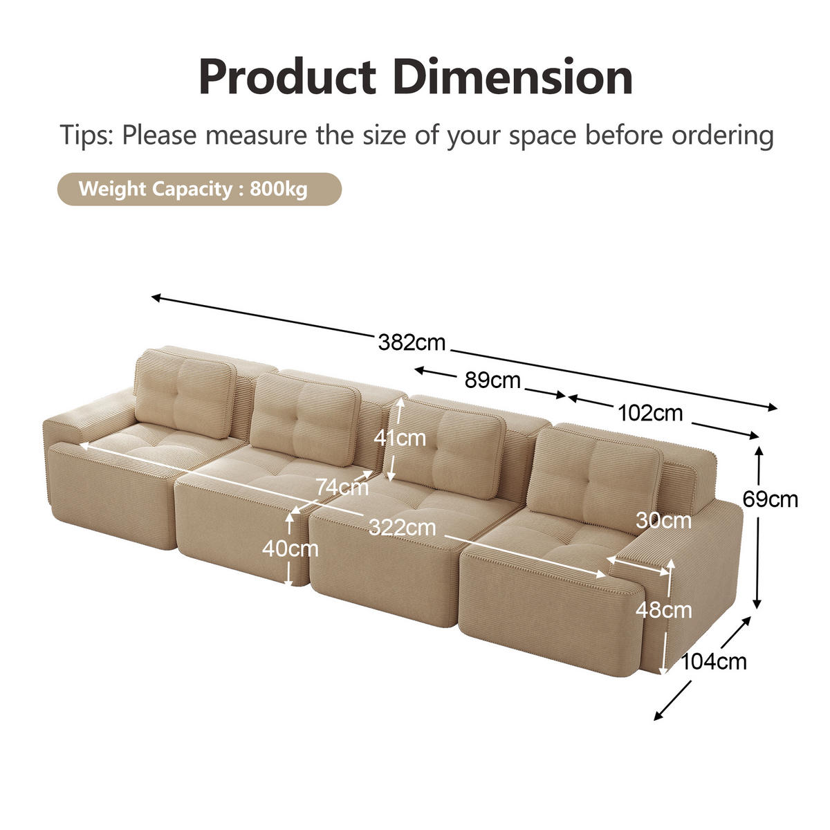 4-SITZER SOFA Cord Beige rutschfeste Basis - Beige, Textil (382/69/104cm) - WISHDOR