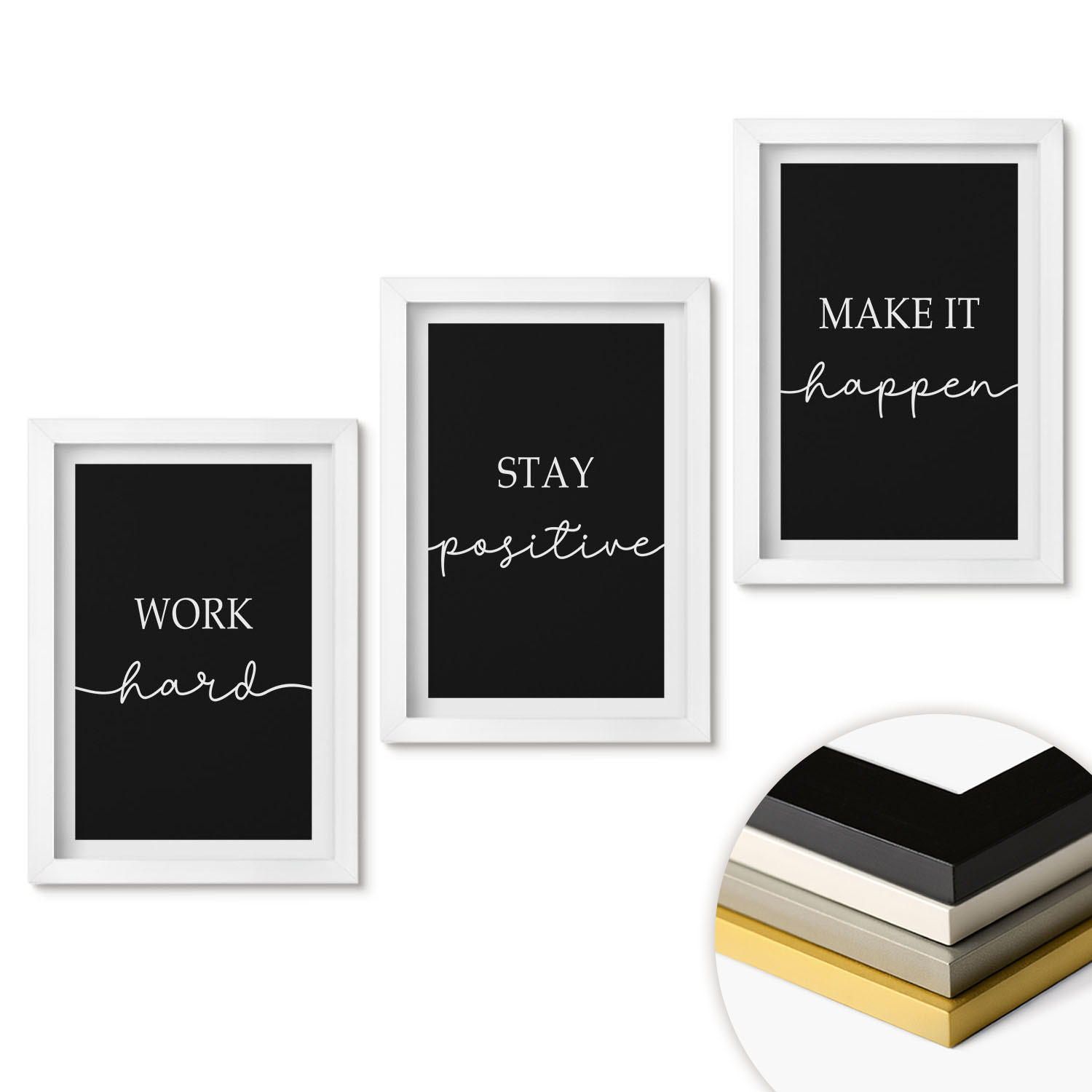 WANDBILDER 3er-Set - 20x30 cm Weißer Rahmen - Elegante Motive auf schwarzem Grund - Weiß, Kunststoff (20/30cm) - ArtPrintCave