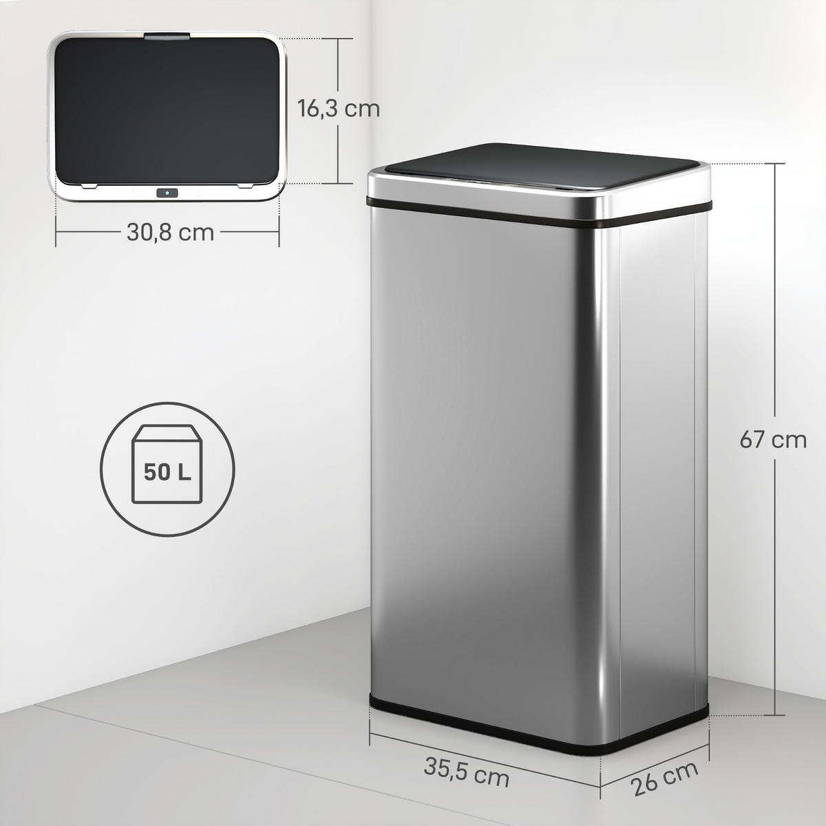 MÜLLEIMER Automatischer Küchen 50L 35/67/26 cm Edelstahl Silber MIT SENSOR, SOFT-CLOSE - Silberfarben, Metall (26/67/35.5cm) - Rolipo