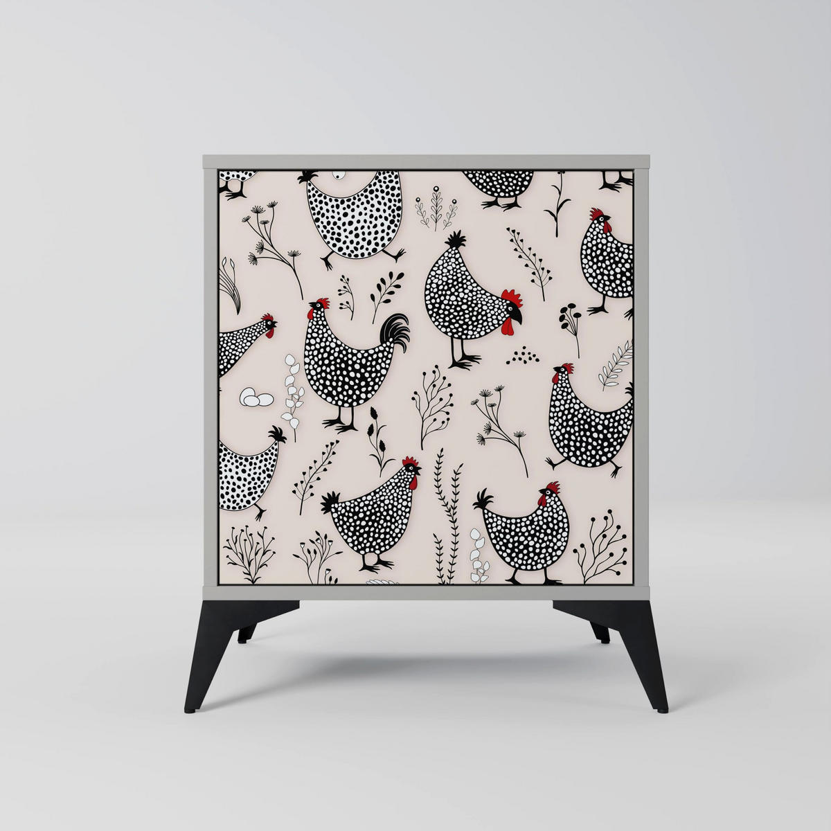 SIDEBOARD HAPPY HENS, Grau, 57,5x42x67,5 cm, Schwarze Metall-Rahmenfüße - Multicolor/Schwarz, Holzwerkstoff/Metall (57.5/67.5/42cm) - SpaceRebels