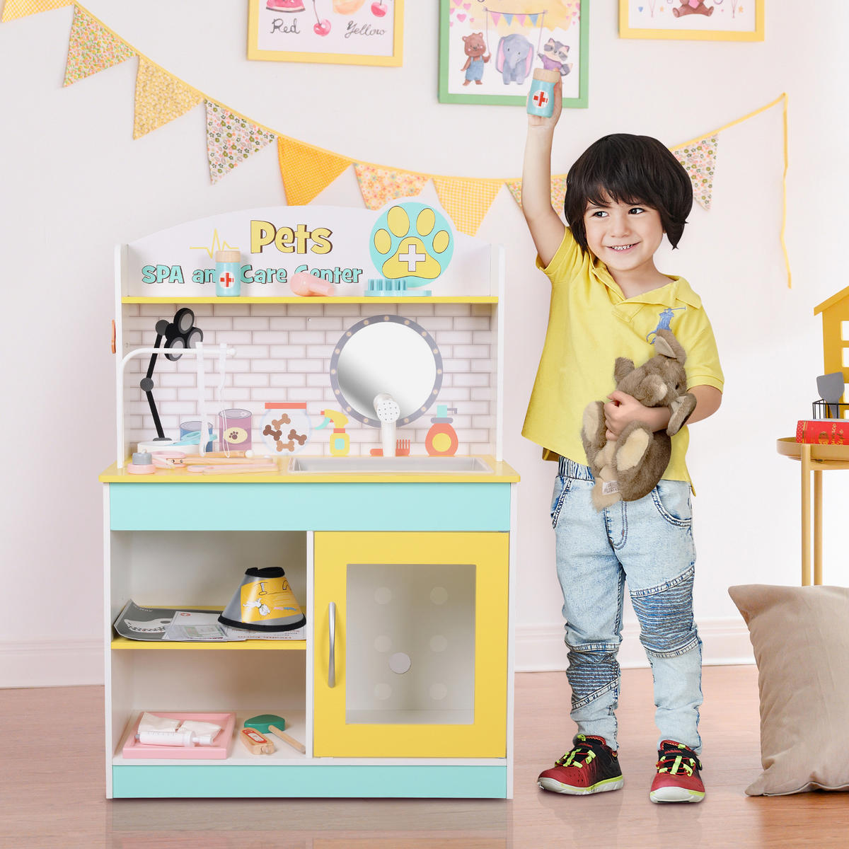 TIERPFLEGE-SET für Kinder, Grün/Gelb, 86cm - Grün, Holz (60/30cm) - Teamson Kids