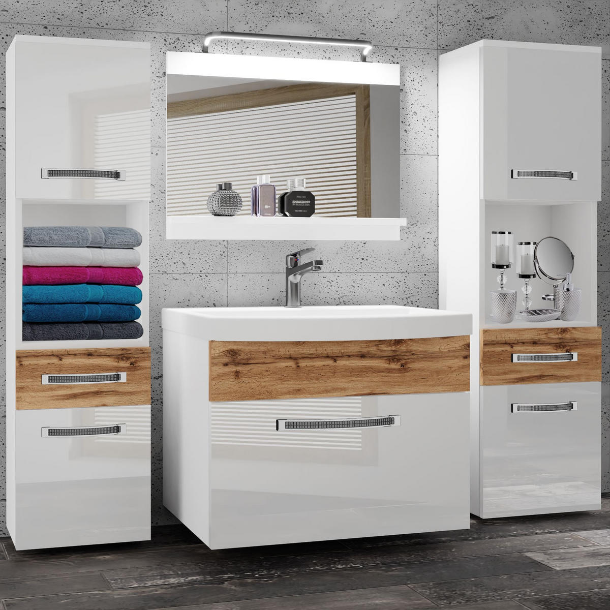 BADMÖBEL Badezimmer Weiß Wotan Eiche Glänzend Matt - Eiche Wotan/Weiß, Holz (140/113/40cm) - B BELINI GROUP