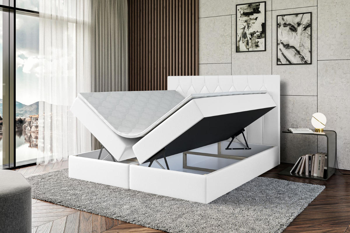BOXBETT mit H4-Matratze und Lattenrost - VELANTO-BZ - 180x200 Ecru - Weiß Hochglanz, Holzwerkstoff (180/200cm) - ALTDECOR