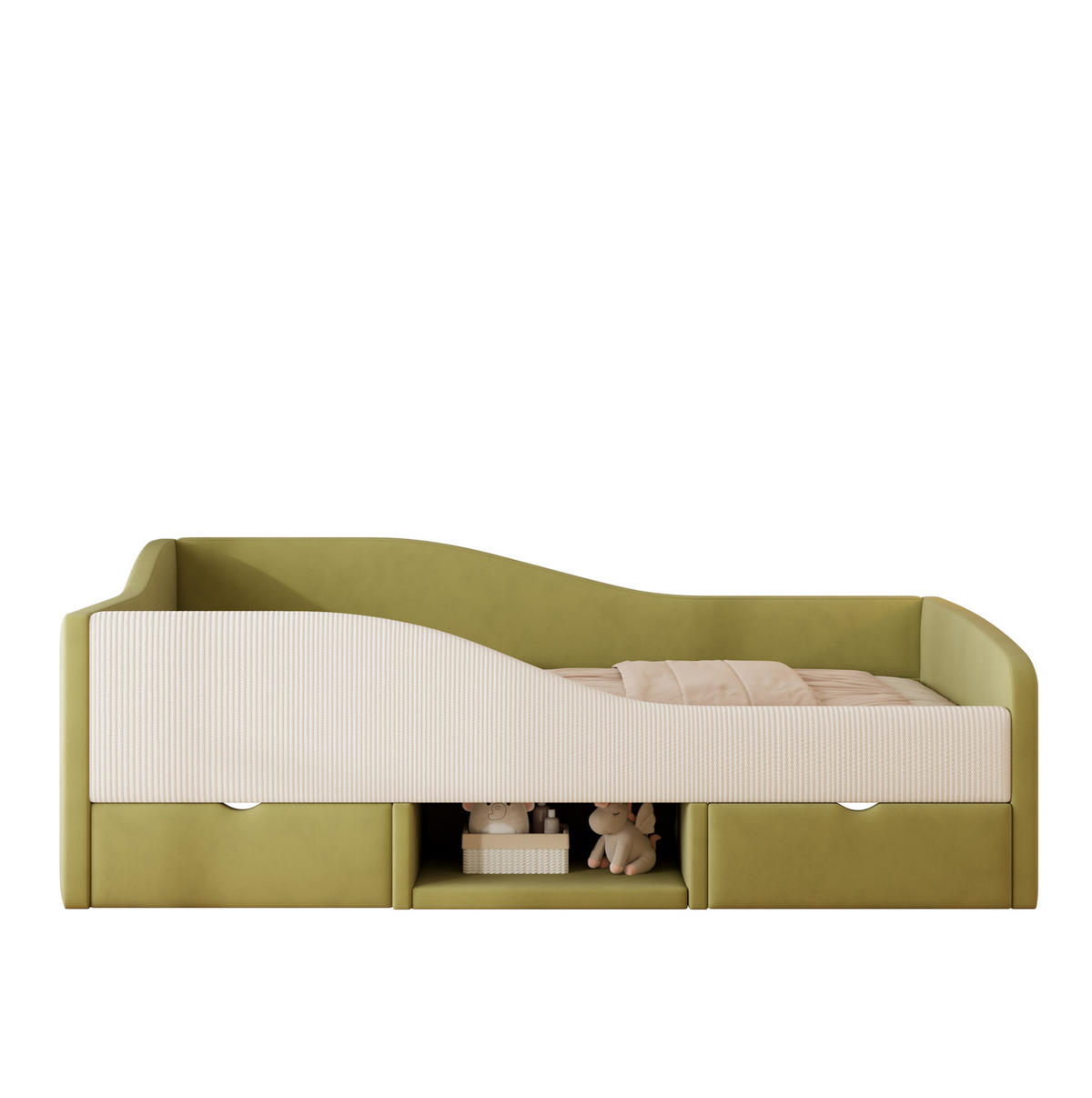 SAMT-POLSTERBETT 90/190 cm mit 2 Schubladen und gepolsterten Schutzgittern - Grün, Textil (90/190cm) - BEAOK