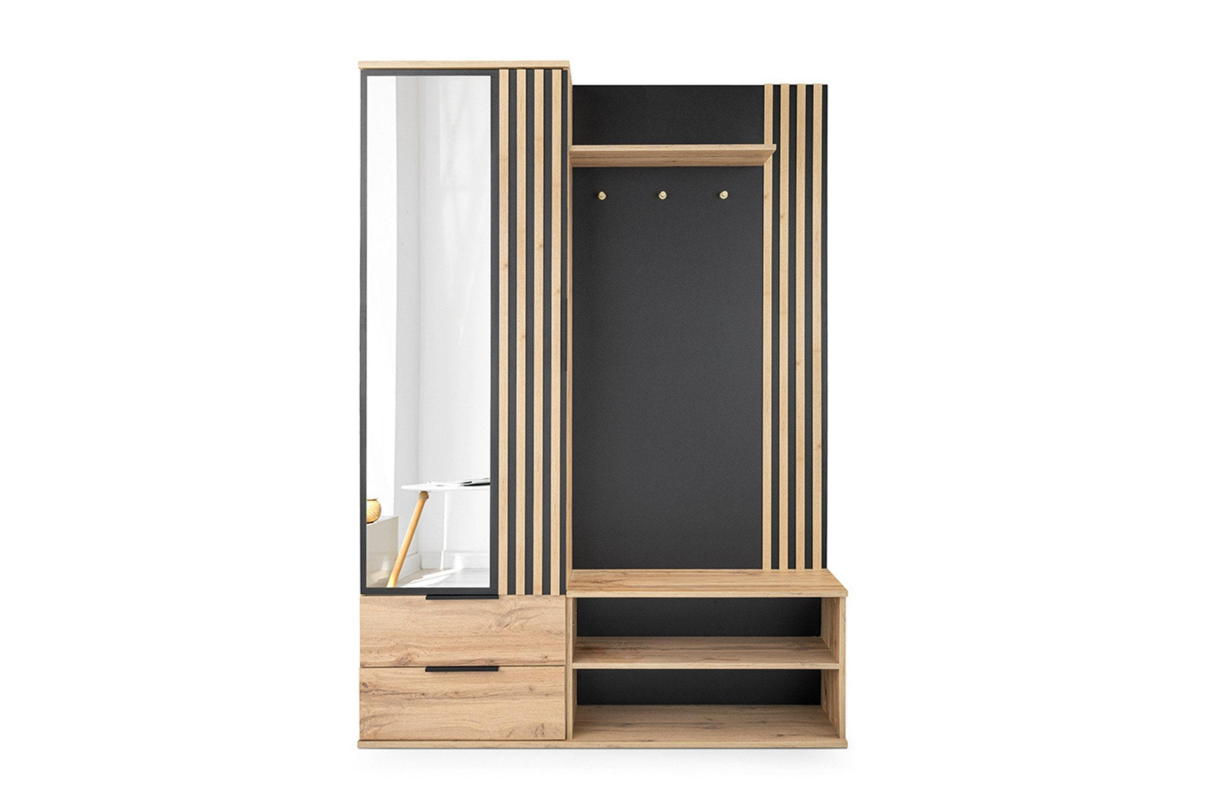 Deine Möbel 24 Garderobe Schwarz, Eiche Wotan 140x200x40 cm