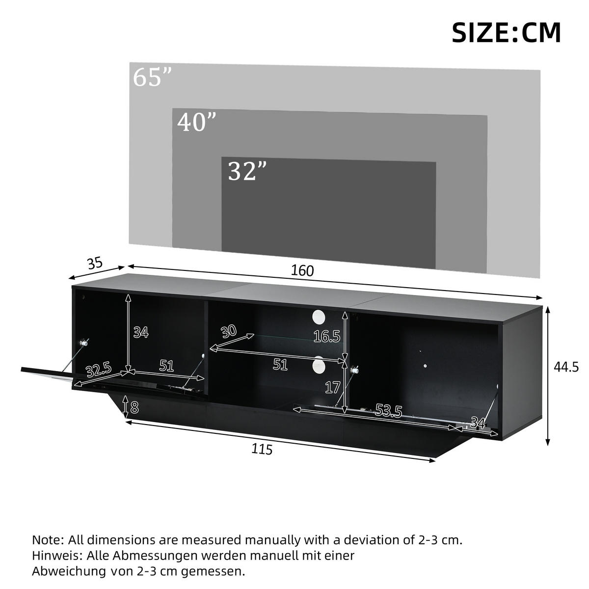TV-LOWBOARD 160x35x44.5cm Schwarz mit LED und 2 Türen - Schwarz, Holzwerkstoff (160/44.5/35cm) - FLIEKS