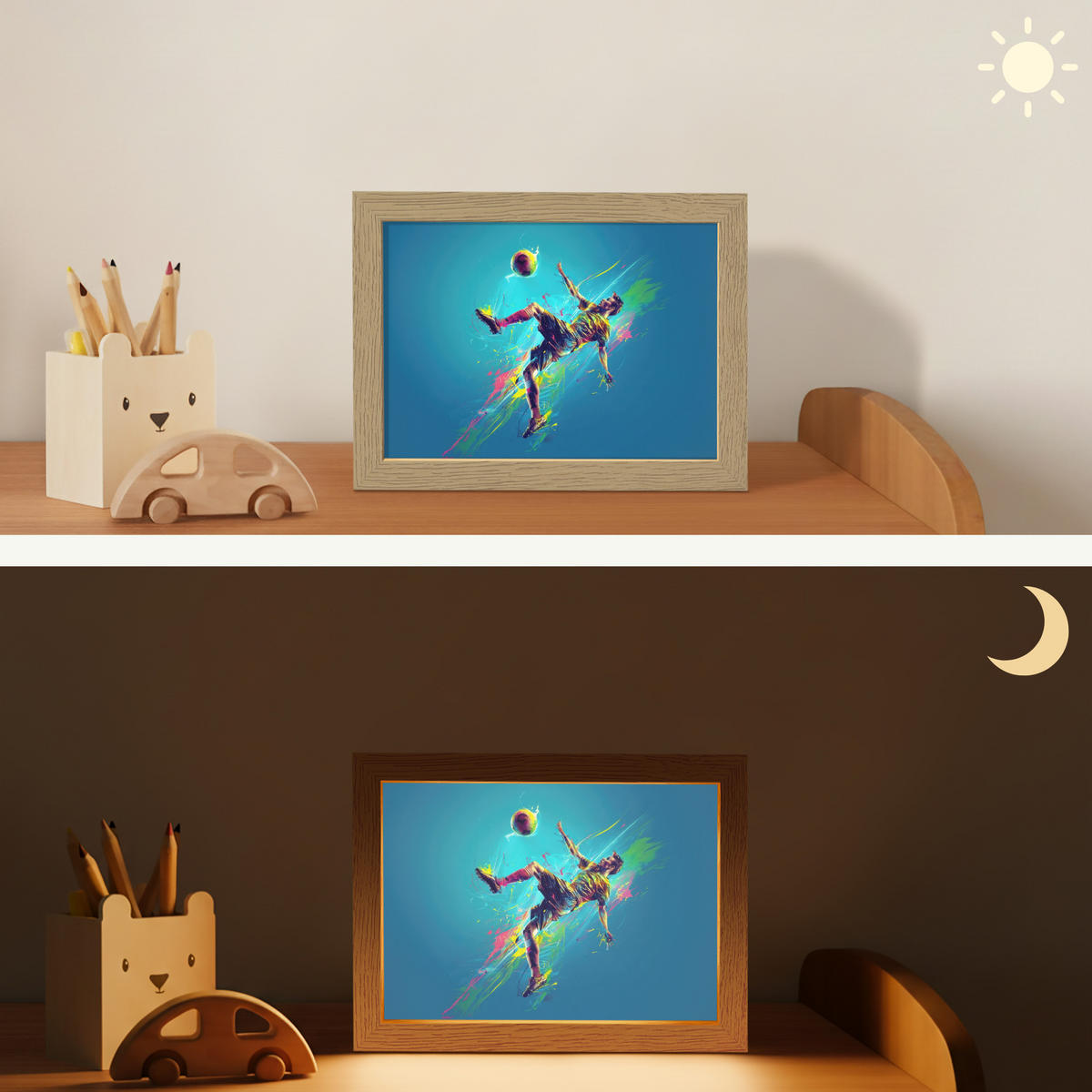 NACHTTISCHLAMPE Fußballer - Farbspritzer - Farbenfroh - Ball 20x15 cm - Blau, Holzwerkstoff (8/20/15cm)