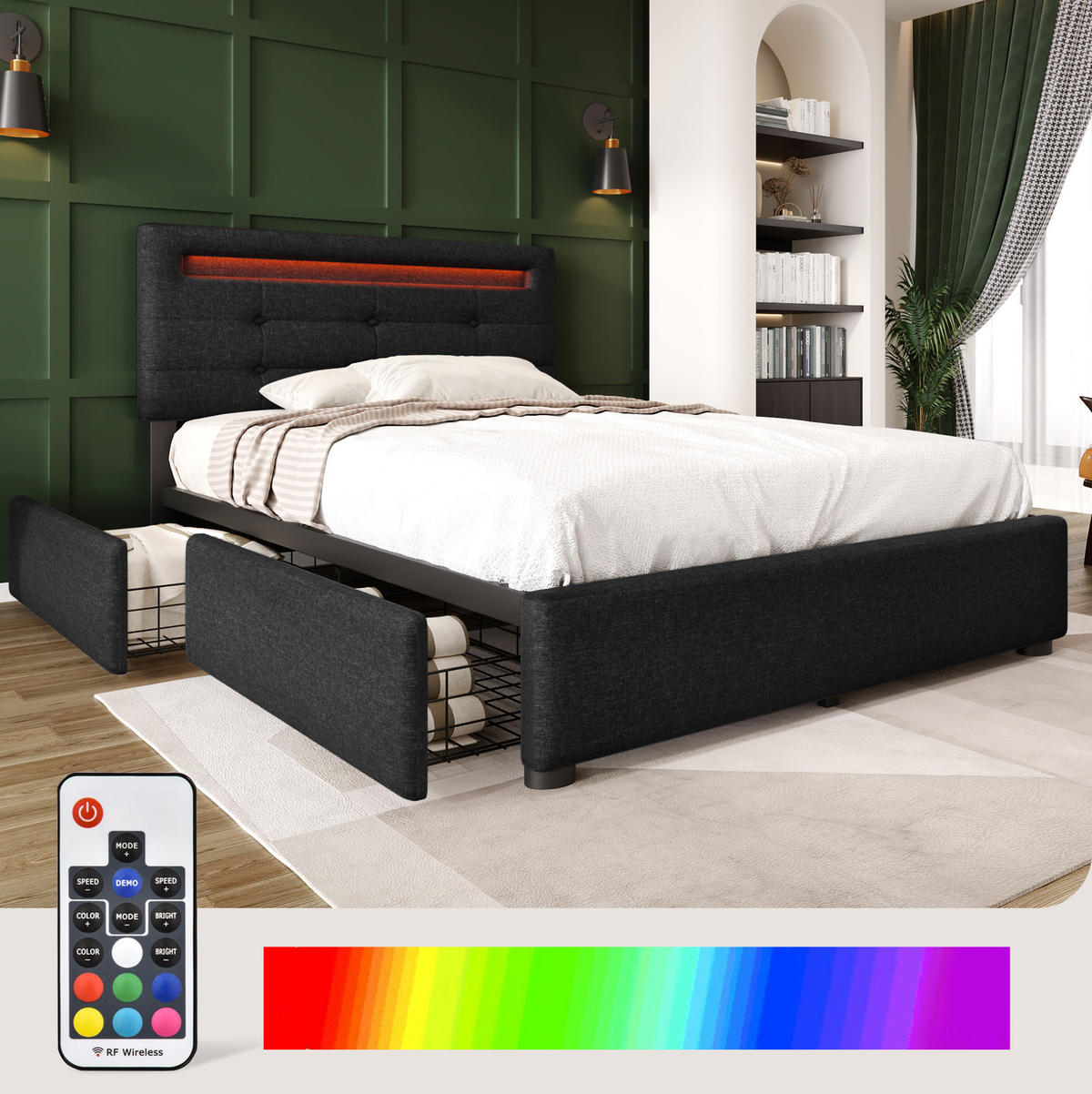 POLSTERBETT mit LED-Beleuchtung 90/200 cm mit 2 Schubladen und Matratze - Schwarz, Textil (90/200cm) - BEAOK