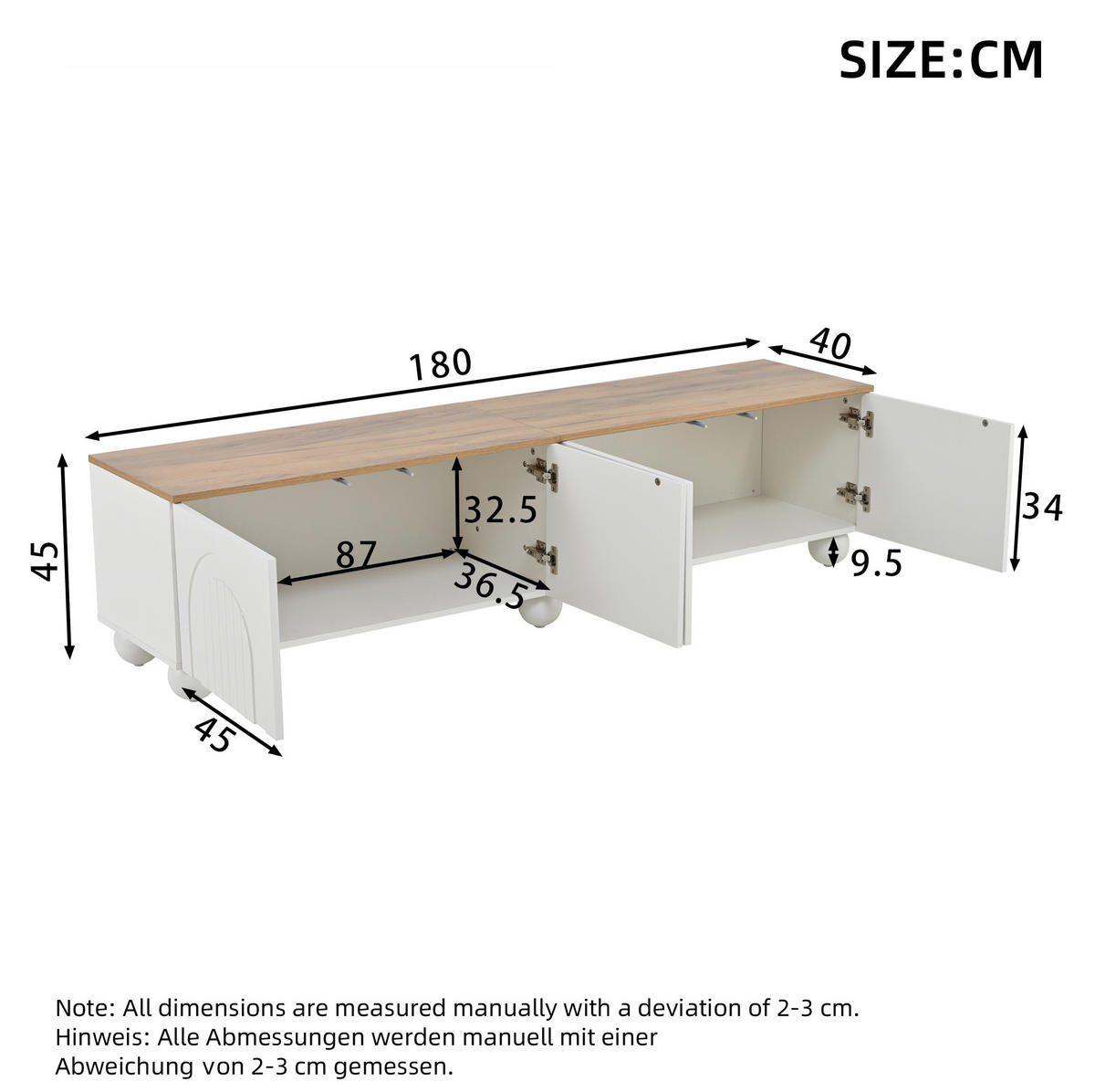LOWBOARD 180/40/45 cm aus MDF mit 4 Türen und 6 Metallbeinen Weiß/Eichefarben - Weiß, Holzwerkstoff (180/45/40cm) - Modenvie