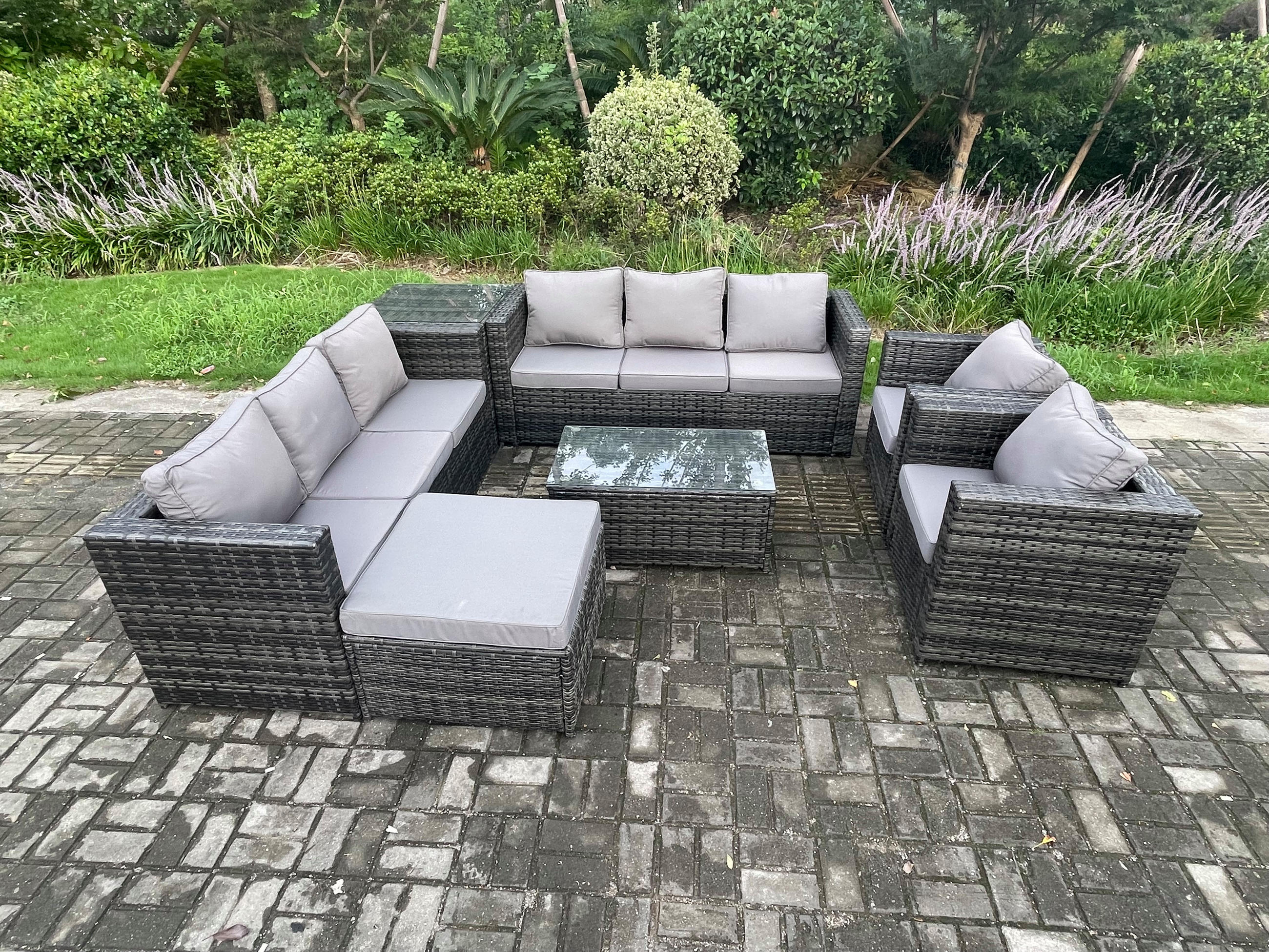 GARTENSET mit Beistelltisch Polyrattan 9-Sitzer - Dunkelgrau, Metall - Fimous