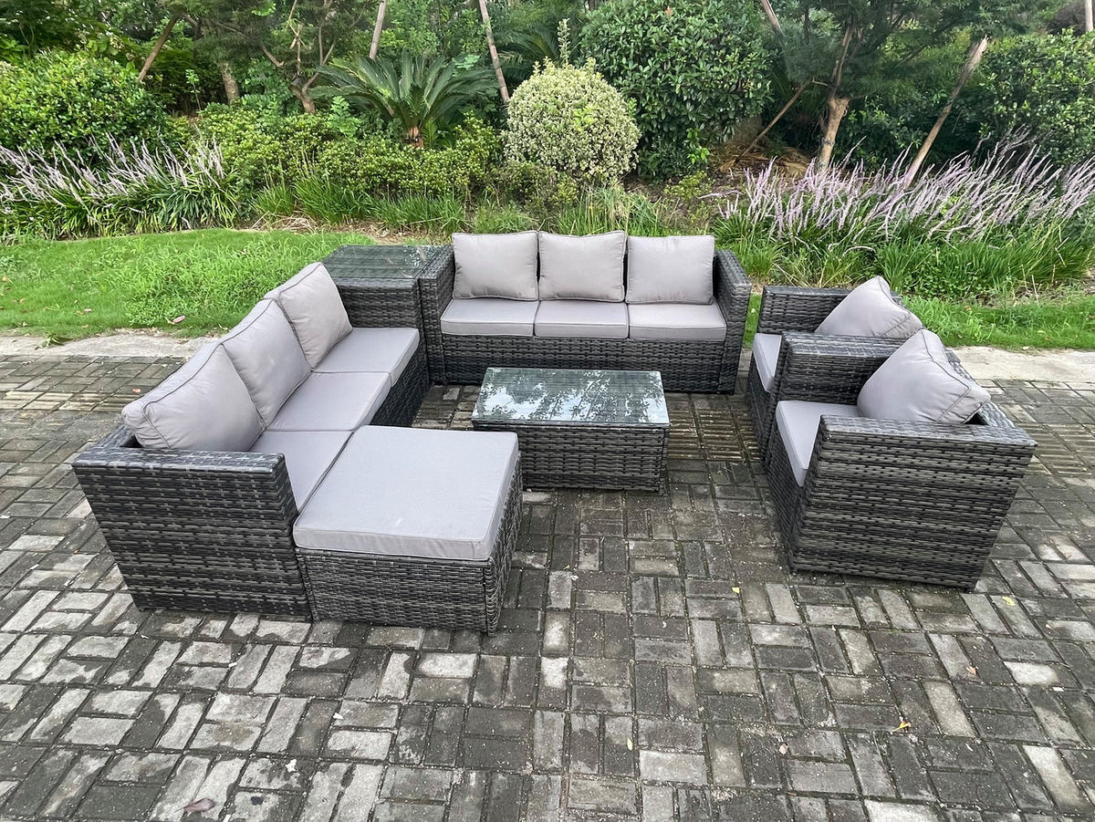 GARTENSET mit Beistelltisch Polyrattan 9-Sitzer - Dunkelgrau, Metall - Fimous