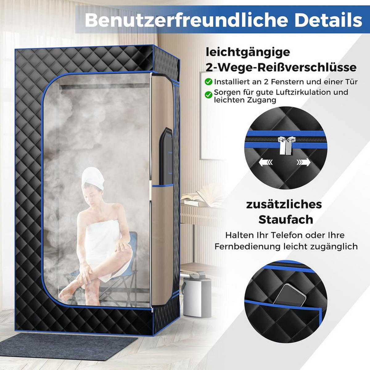 DAMPFSAUNA Tragbare schwarz - Schwarz, Textil (91/183/91cm) - COSTWAY
