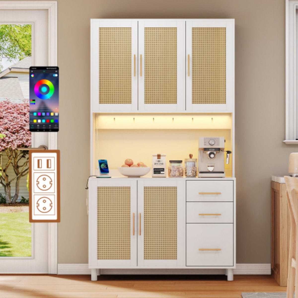 KÜCHENSCHRANK Weiß aus MDF mit Rattanfront, LED-Beleuchtung und integrierten Steckdosen 100×40×183 cm - Weiß, Holzwerkstoff (100/183/40cm) - Luhomfu