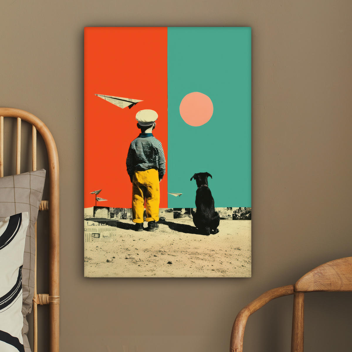 LEINWANDBILD Retro - Junge - Hund - Rot - Grün Wanddeko Schlafzimmer 60x90 cm - Orange, Textil (60/90cm) - MuchoWow