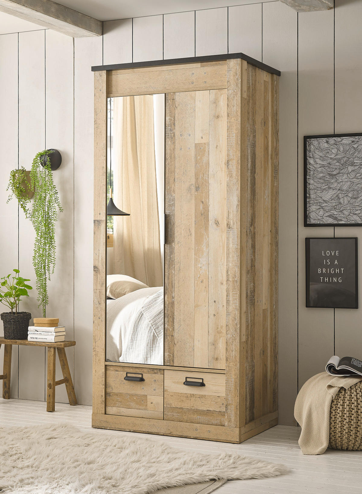 KLEIDERSCHRANK Used Wood hell, dunkles Grau 93 x 209 cm, Drehtürenschrank 2-türig mit Spiegel - Dunkelgrau/Schwarz, Glas/Holzwerkstoff (93/209/63cm) - Furn.Design
