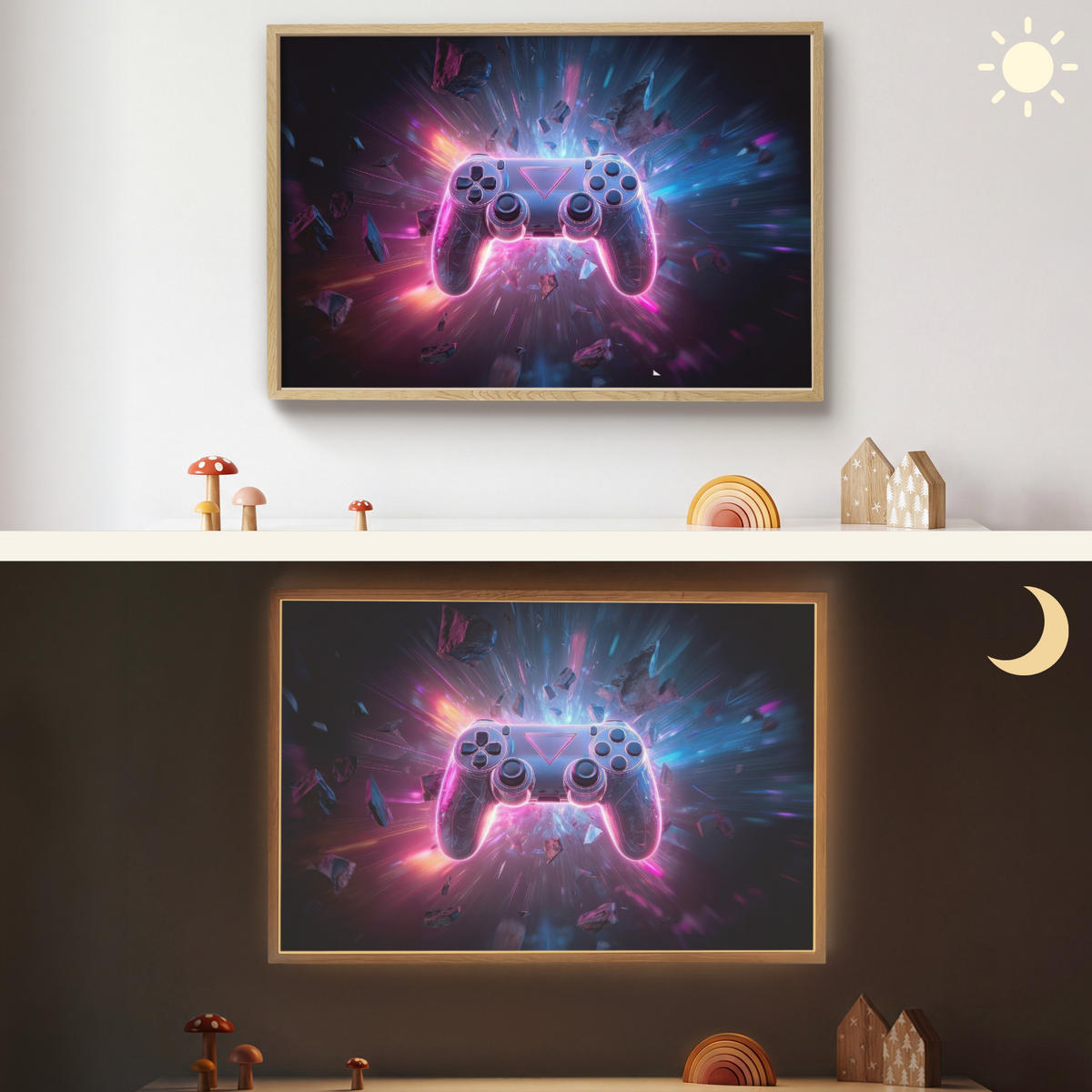 NÁSTĚNNÁ LAMPA S AKUMULÁTOREM Controller - Neon - Explosion - Abstraktní 90x60 cm - fialová, kompozitní dřevo (90/60/8cm)