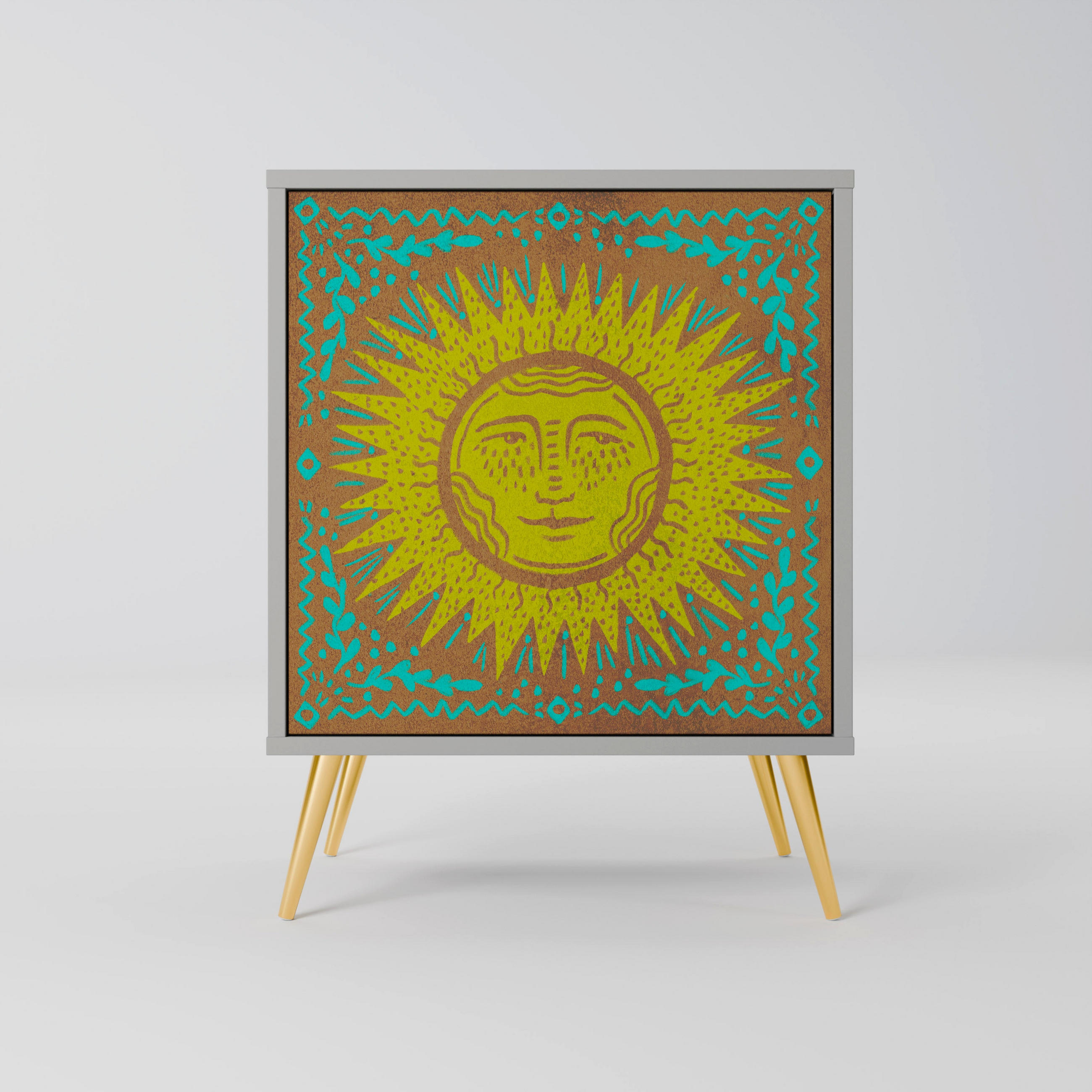 SIDEBOARD SUNSHINE EULOGY, Grau, 57,5x42x75,5 cm, Goldfarbene Metallfüße - Goldfarben/Multicolor, Holzwerkstoff/Metall (57.5/75.5/42cm) - SpaceRebels