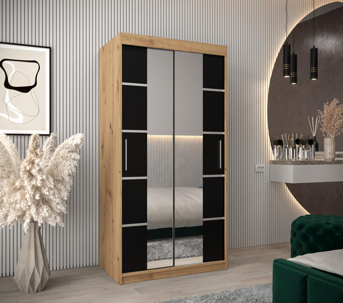 SCHWEBETÜRENSCHRANK 200/100/62 2-türig - Silberfarben/Schwarz, Holz/Kunststoff (100/200/62cm) - Abiks Möbel