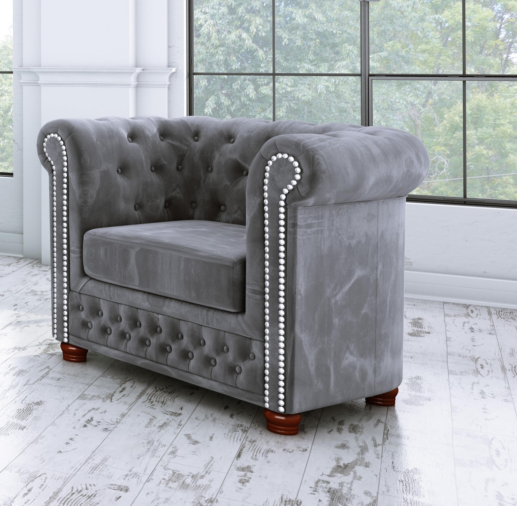 CHESTERFIELD-SESSEL Lauren Grau Samt - Braun/Grau, Holz/Textil (94/72/86cm) - S-Style Möbel