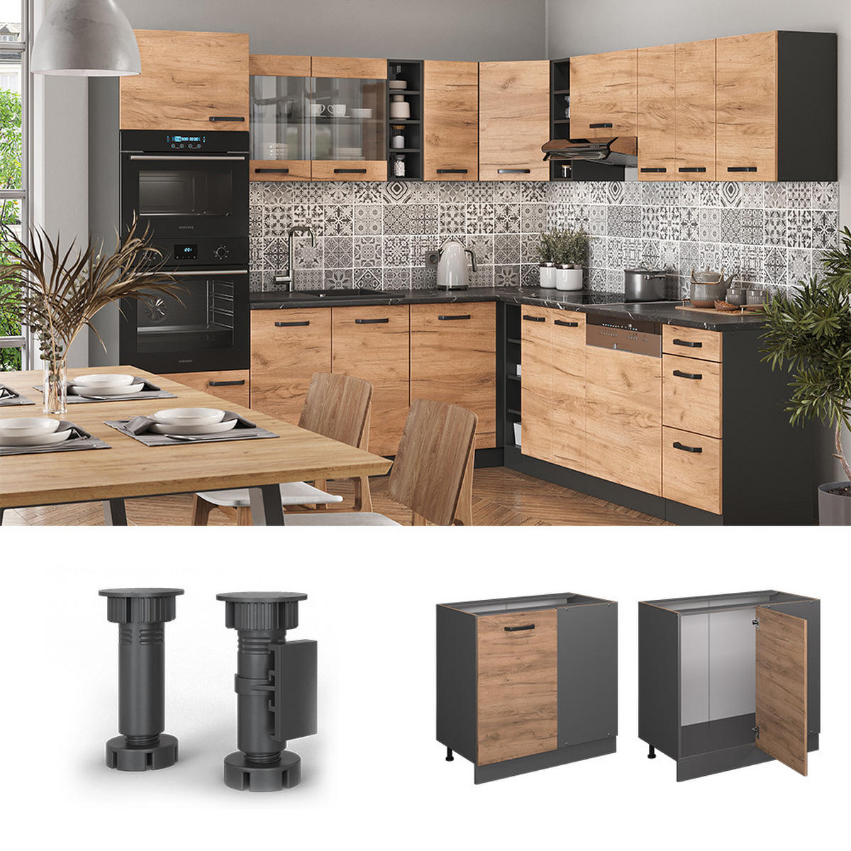 ECKUNTERSCHRANK R-Line Goldkraft Eiche 86 cm AP Marmor - Anthrazit/Eiche Wotan, Holzwerkstoff (86/81.6/60cm) - Vicco