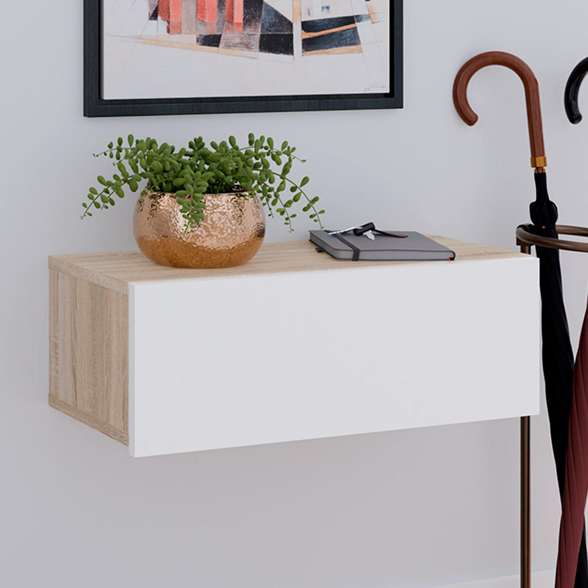 HÄNGENDER NACHTTISCH NANI Sonoma Eiche/weiß - Weiß/Sonoma Eiche, Holzwerkstoff (60/21/27cm) - IDIMEX