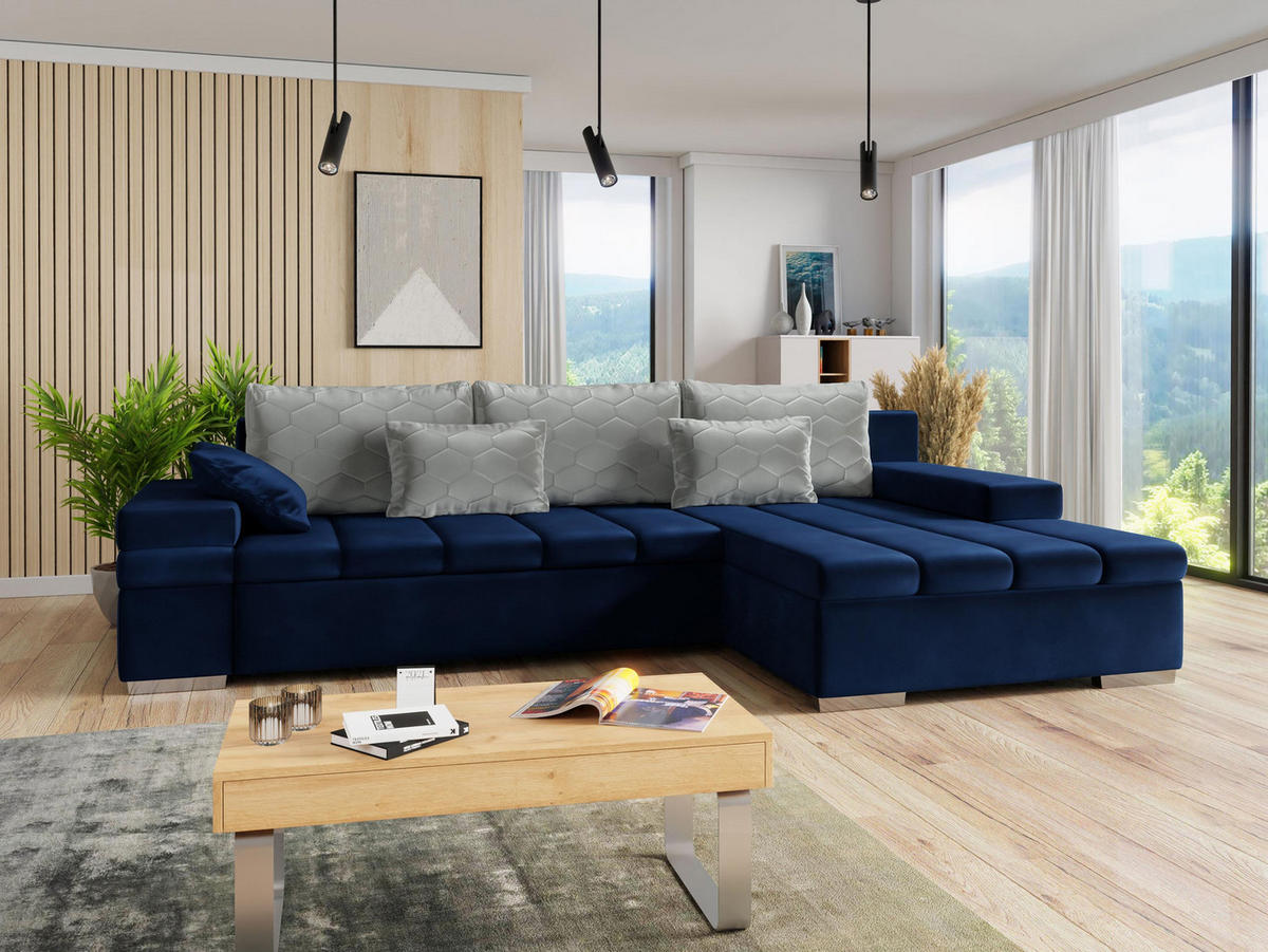 ECKSOFA Bangkok Premium, Seite: Rechts - Silberfarben/Dunkelblau, Holz/Textil (310/175cm) - MIRJAN24