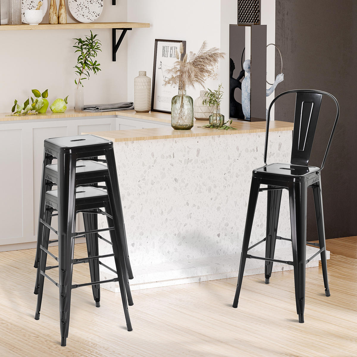 BARHOCKER 4er-Set DE-14681 mit Rückenlehne & Fußstütze Schwarz - Schwarz, Metall (49/116/44cm) - ComfortXL