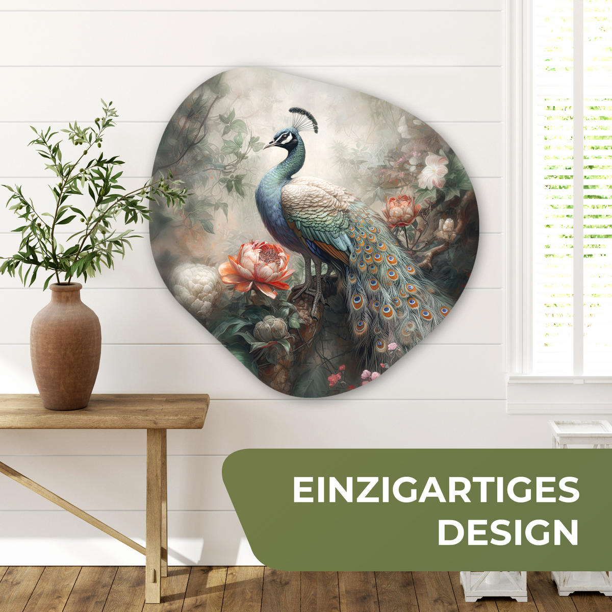 WANDBILD Pfau - Pfauenfedern - Vogel - Dschungel - Blumen 90x90 cm - Smaragdgrün, Kunststoff (90/90cm) - MuchoWow