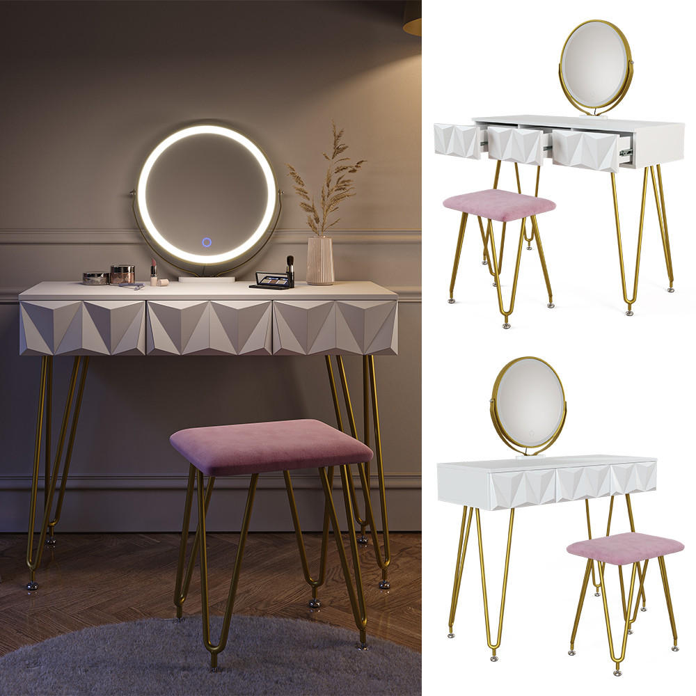 SCHMINKTISCH Ruby Weiß 100 cm mit LED Beleuchtung und Hocker - Weiß, Holzwerkstoff (100/79/40cm) - Vicco