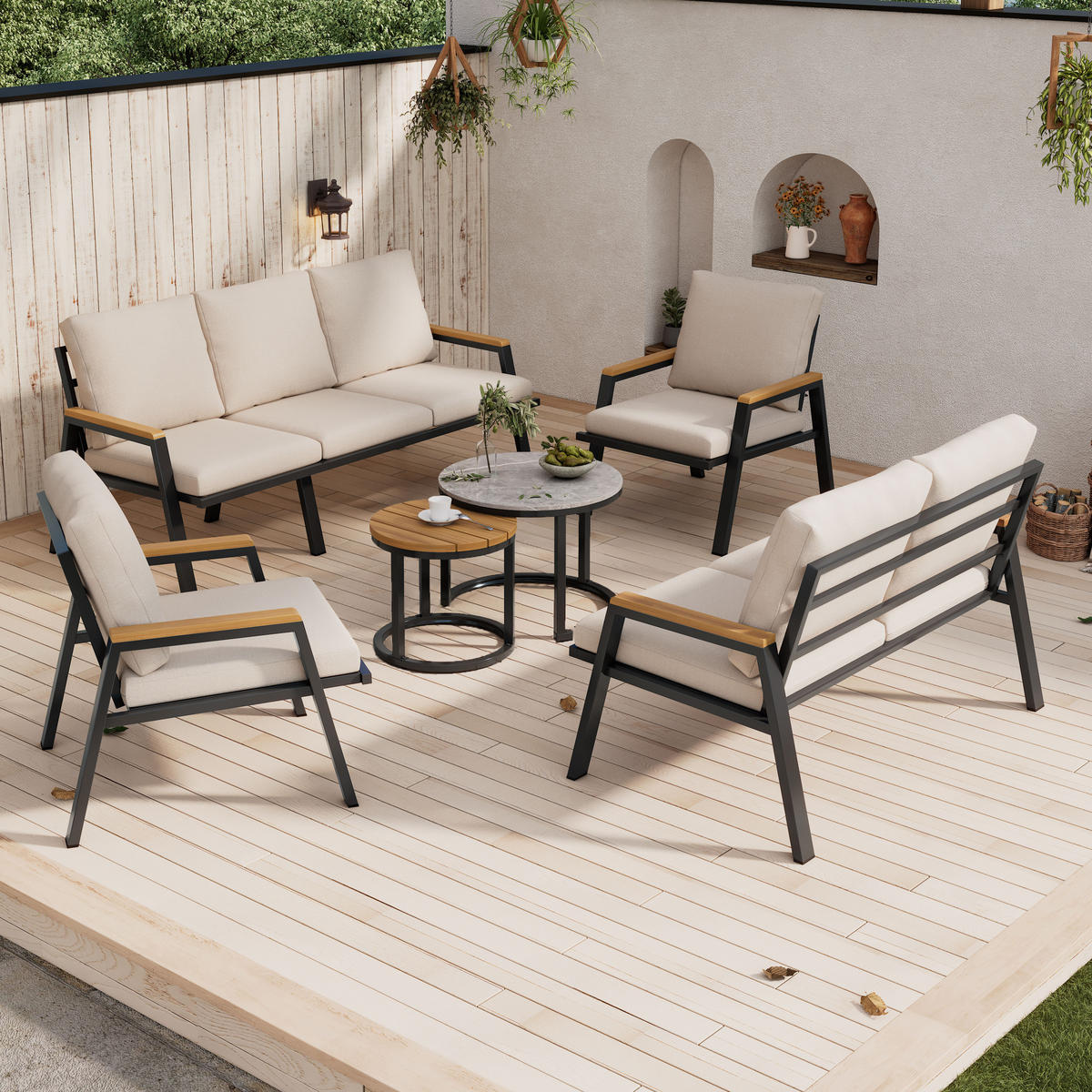 GARTENLOUNGE-SET Sofa Sessel 2 Tische Stahl Glas Graubeige - Grau, Textil - FLIEKS