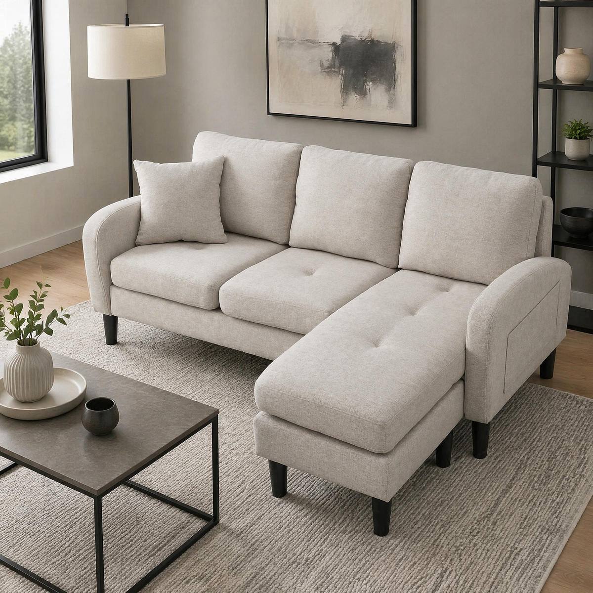 ECKSOFA mit Baumwoll-Leinen-Bezug Beige-Grau/Weiß 166x118x77 cm mit flexibler Chaiselongue - Weiß, Kunststoff (118/166cm) - IVMEU