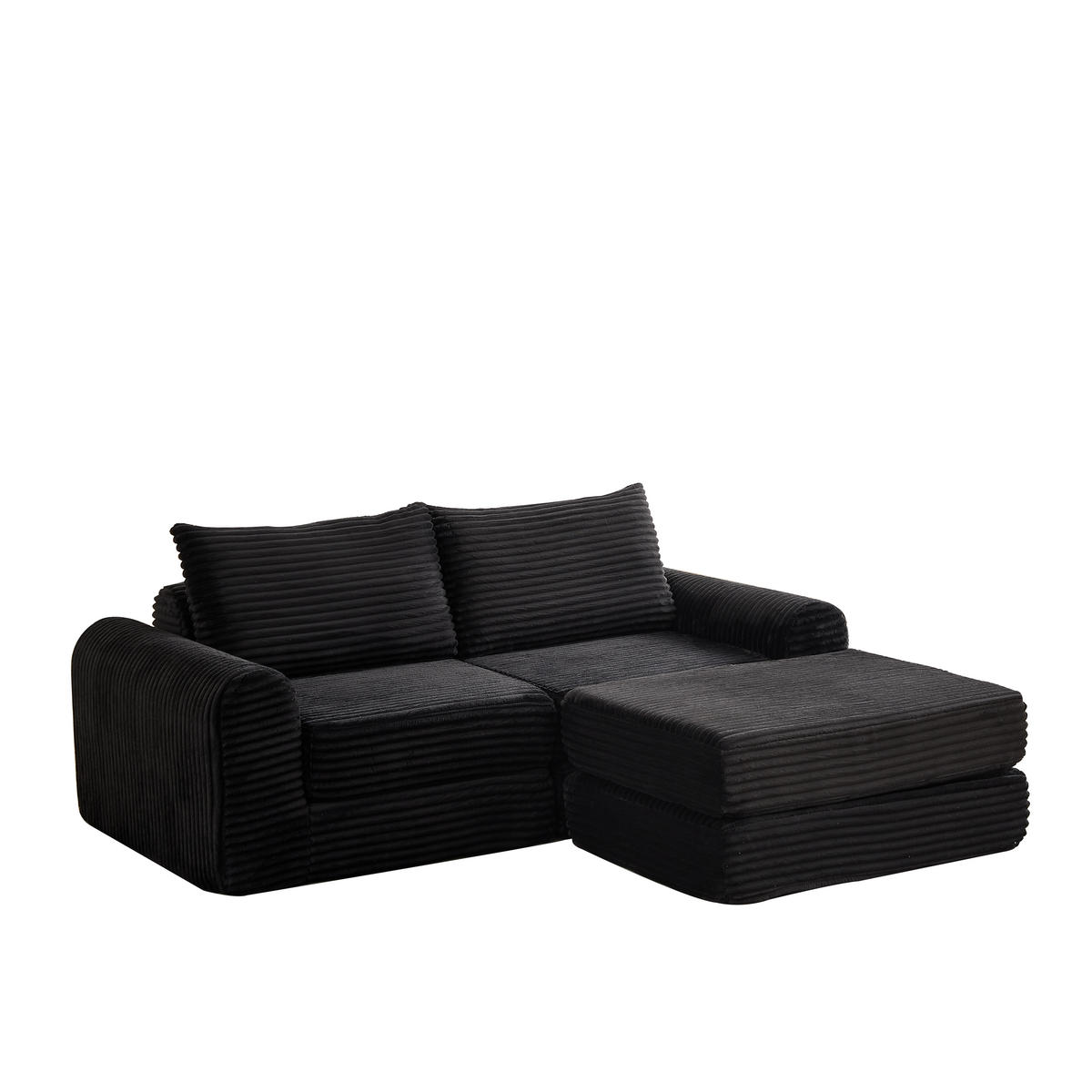 SCHLAFSOFA 2-in-1 aus Cord mit 2 Kissen und Hocker - Schwarz, Textil (243/53/194cm)