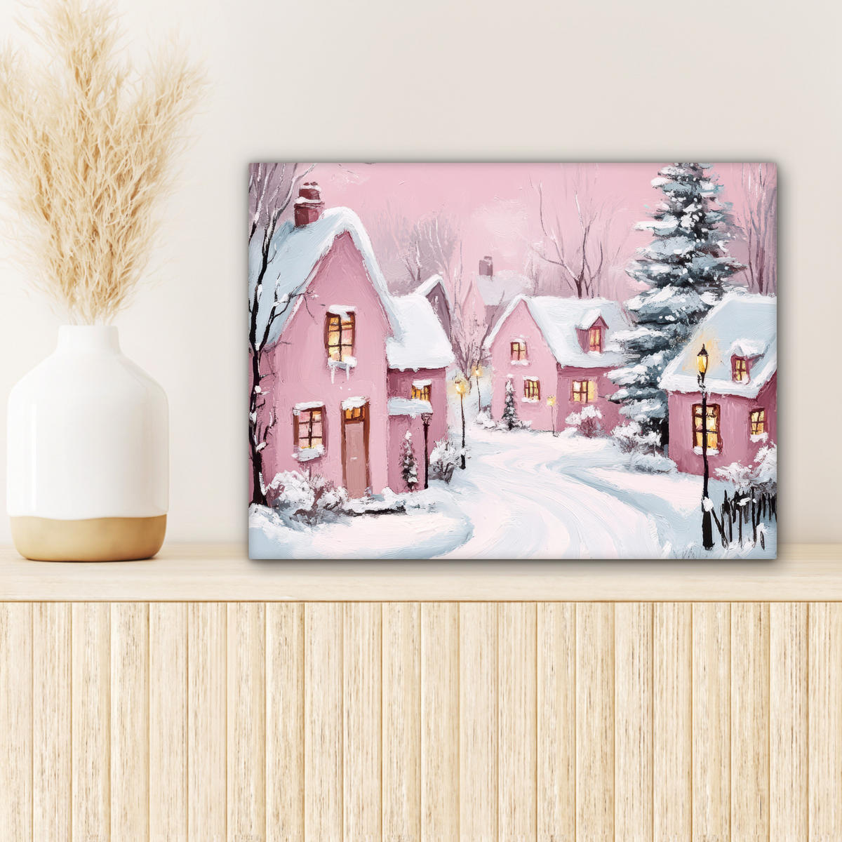 LEINWANDBILD Weihnachtsdorf - Rosa - Winter - Schnee - Häuser 40x30 cm - Altrosa, Textil (40/30cm) - MuchoWow