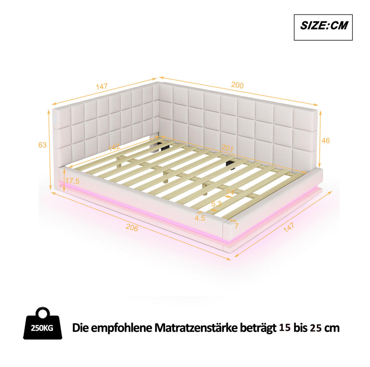 SCHLAFSOFA aus Leinen 140x200 cm Beige mit LED-Beleuchtung, USB-Anschluss und Lattenrost - Beige, Leder (140/200cm) - IVMEU