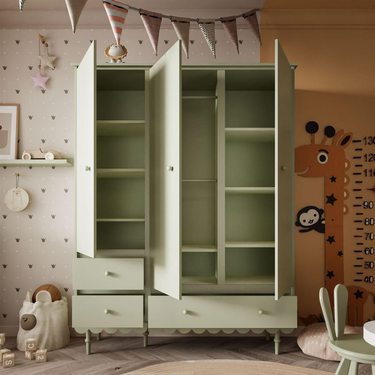 KINDERKLEIDERSCHRANK BABUSHKA – Dreitürig, Olivgrün - Olivgrün, Holzwerkstoff (154/203/50cm)
